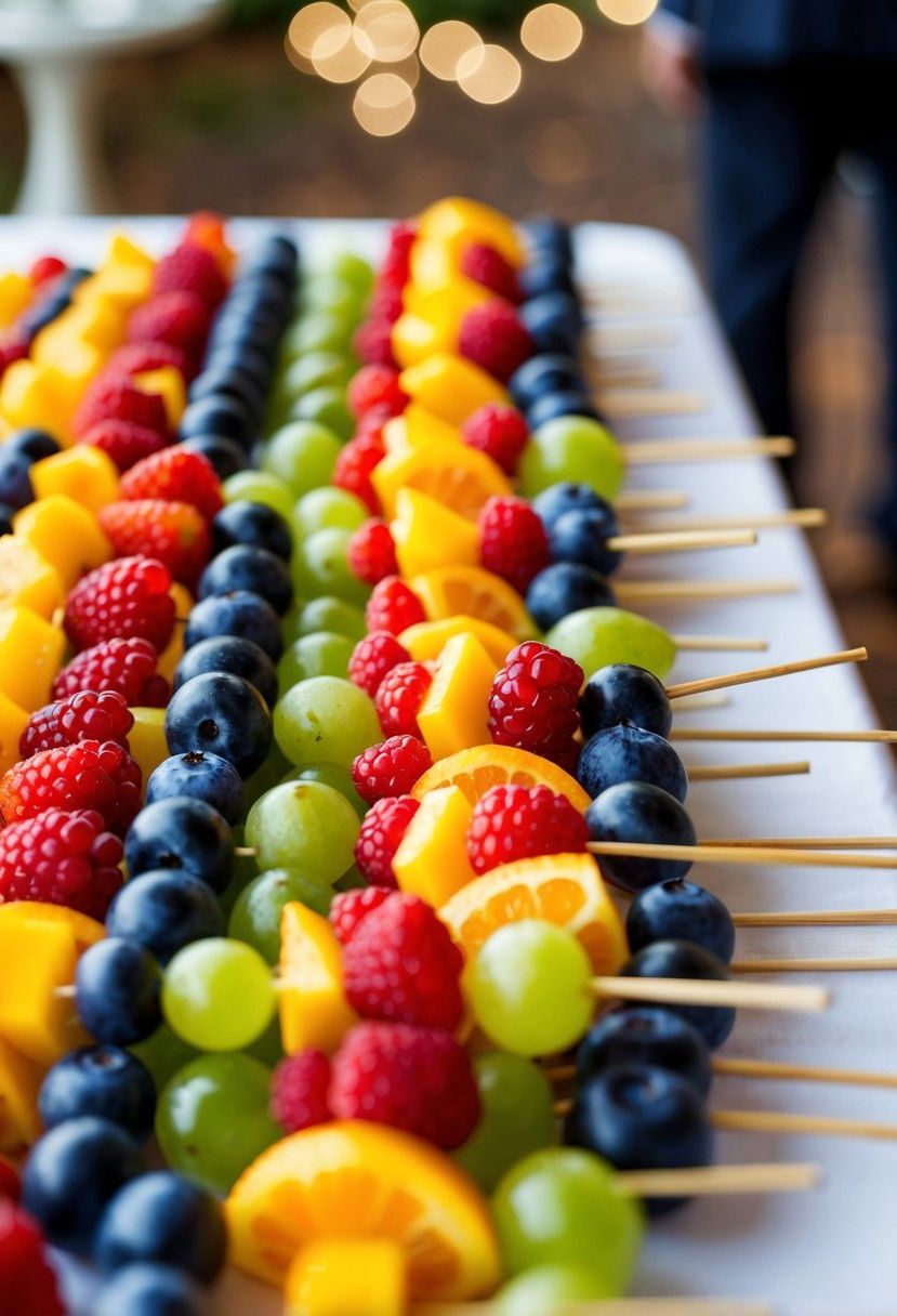 A table adorned with colorful fruit skewers, neatly arranged for a wedding snack display