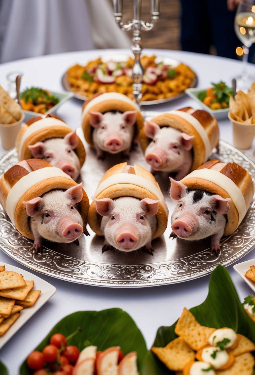 Mini pigs in a blanket arranged on a decorative wedding snack table, surrounded by other appetizers and finger foods