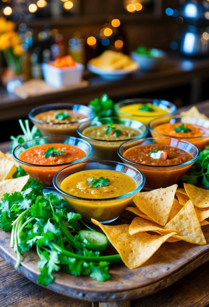 A colorful salsa bar with various salsas in glass bowls, surrounded by tortilla chips and fresh vegetables, set on a rustic wooden table