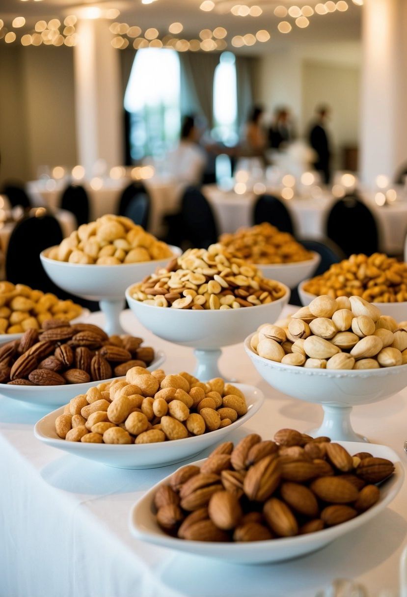 A table with various nut bowls arranged in an elegant display for a wedding snack table