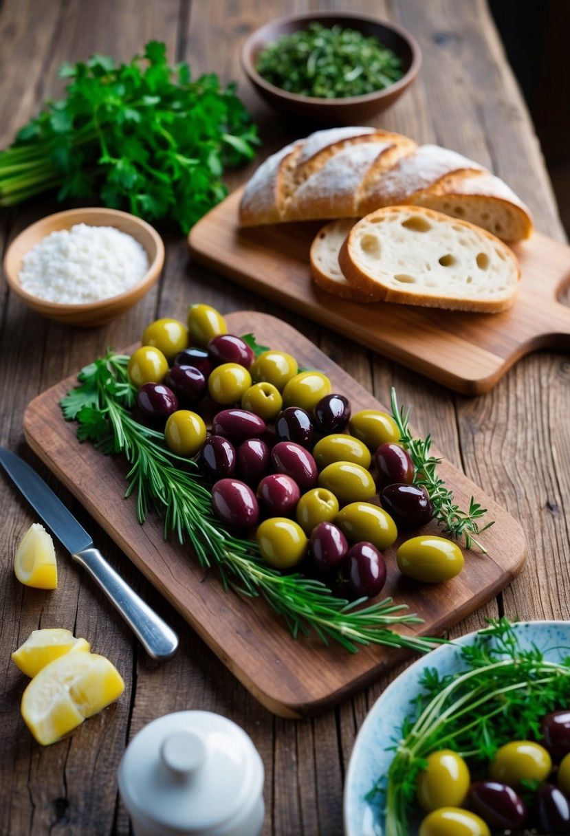 A rustic wooden table adorned with an array of vibrant olives, accompanied by fresh herbs and artisanal bread