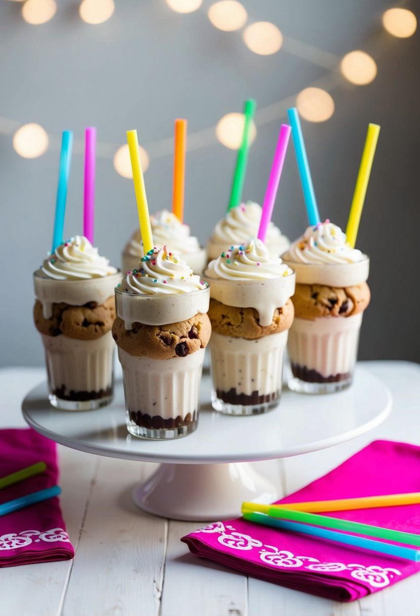 Mini cookie milkshakes arranged on a white table with colorful straws and decorative napkins