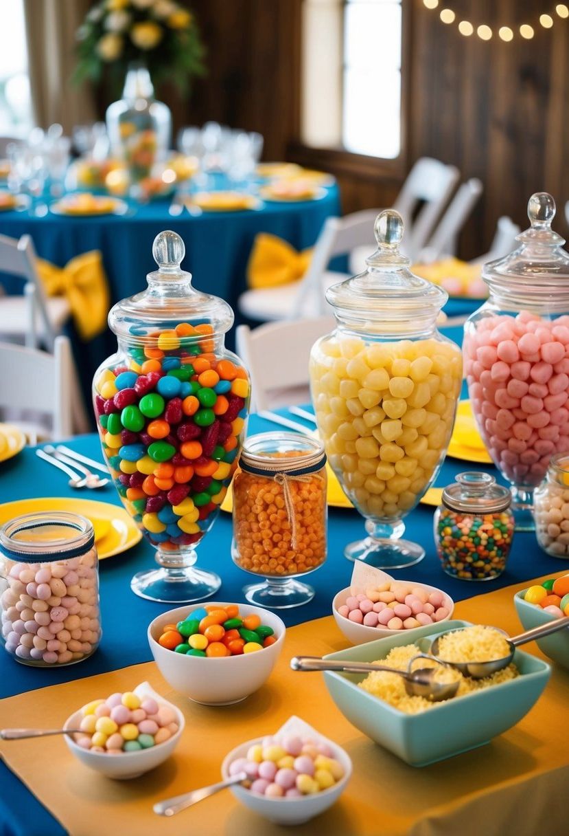 A colorful array of candies arranged in glass jars and bowls on a decorated table, with scoops and bags for guests to create their own wedding snack