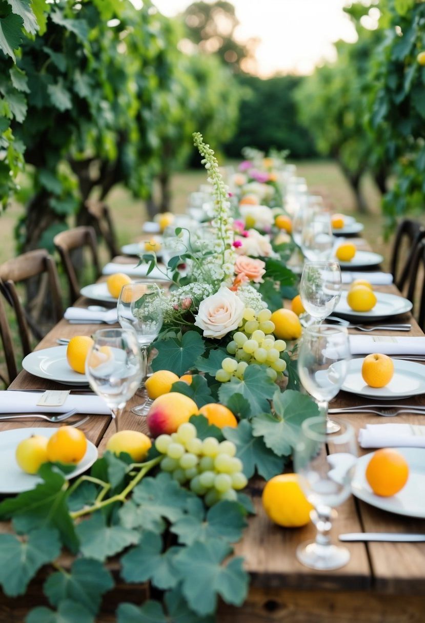 A rustic wooden table adorned with grapevines, scattered with fresh fruit and delicate flowers for a wedding centerpiece