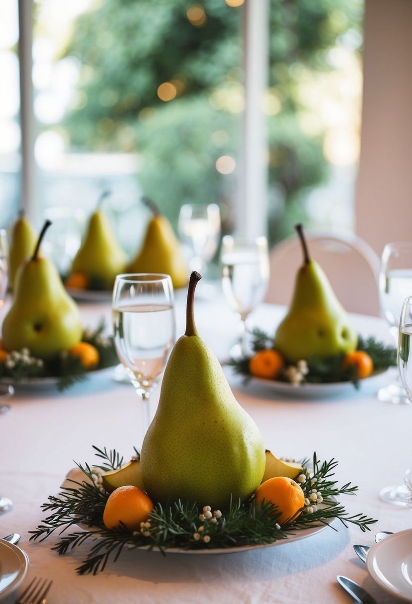 A wedding table adorned with chic pear accents and fruit decorations