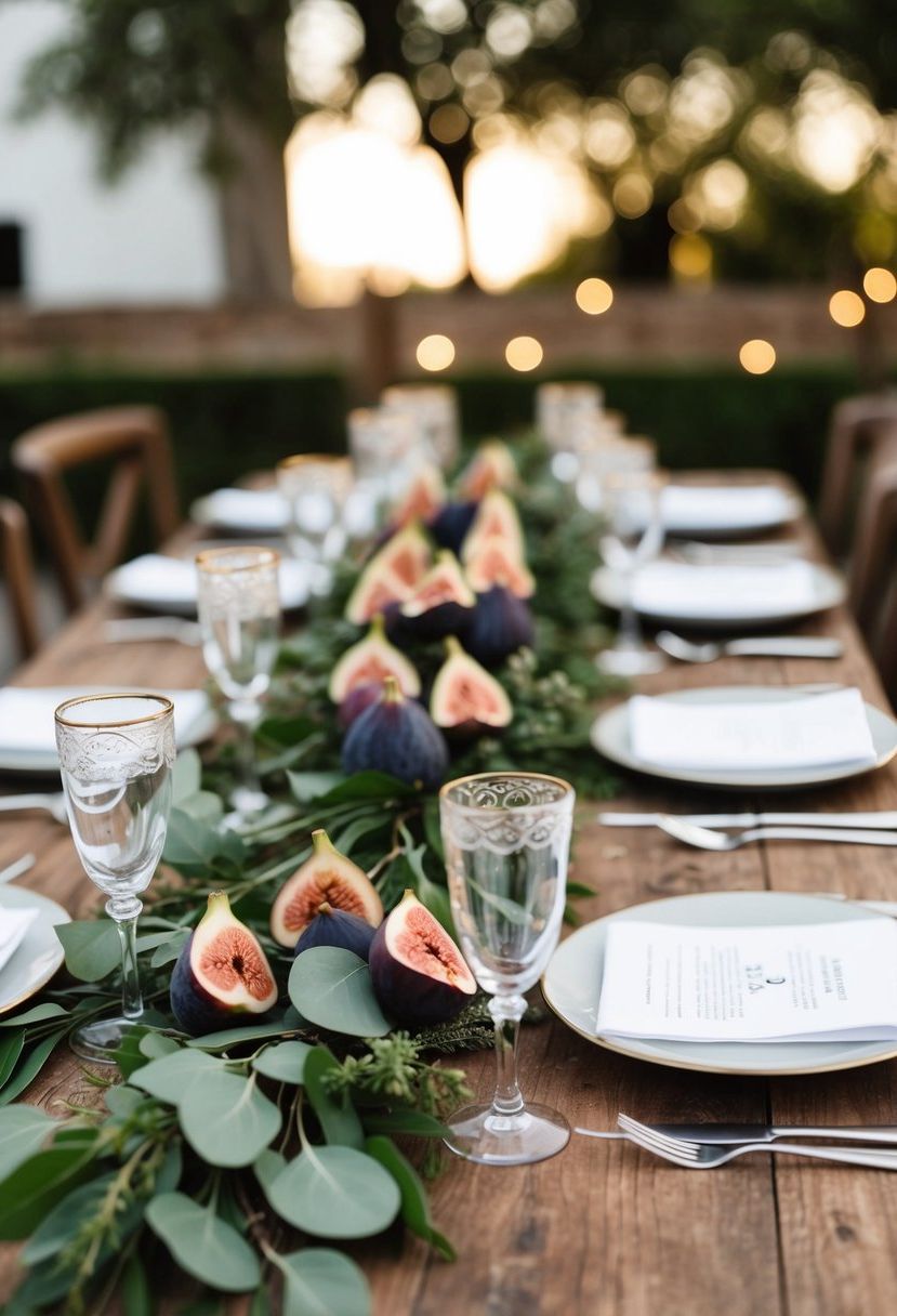 A rustic wedding table adorned with fresh figs and greenery
