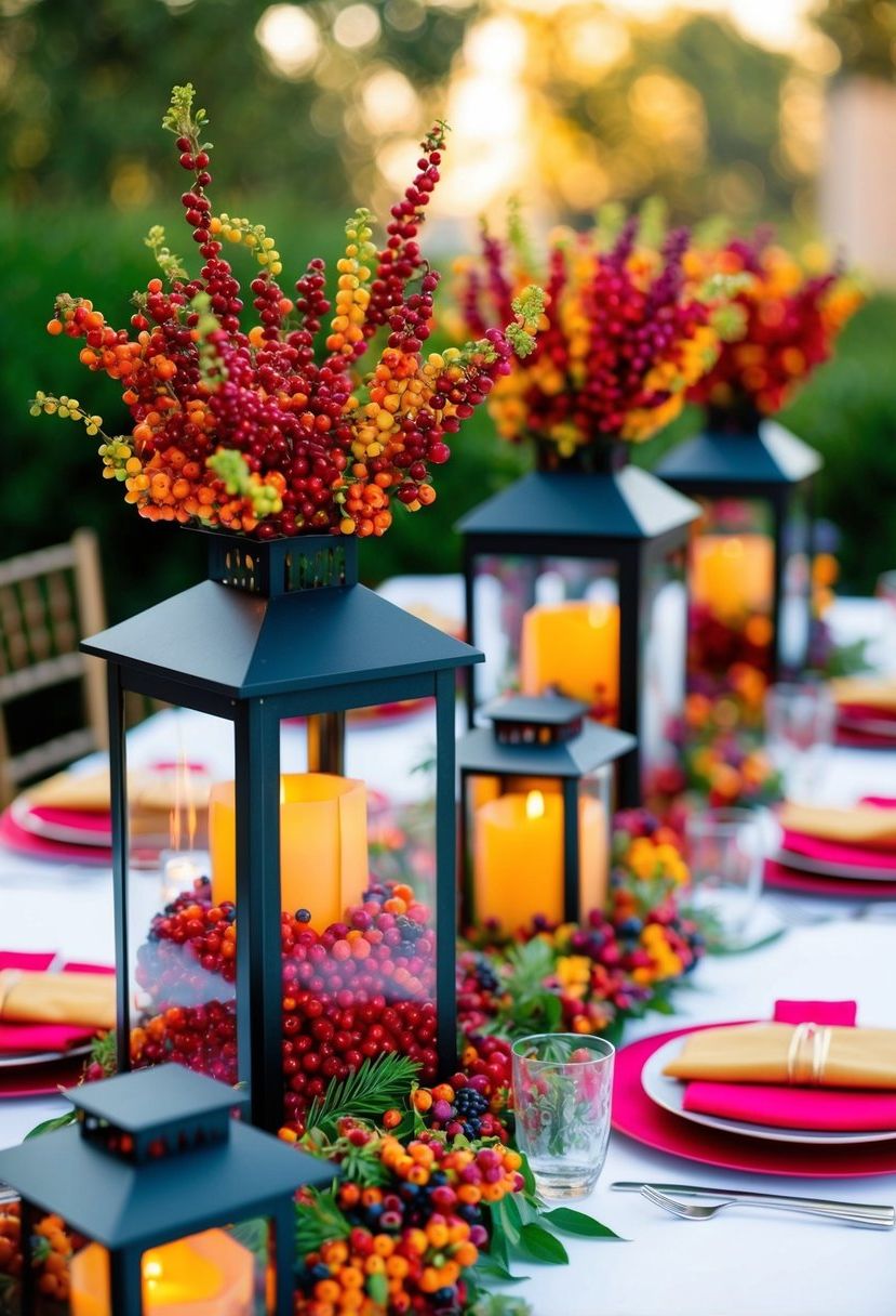 A table adorned with lanterns filled with vibrant berries, creating a colorful and festive wedding centerpiece