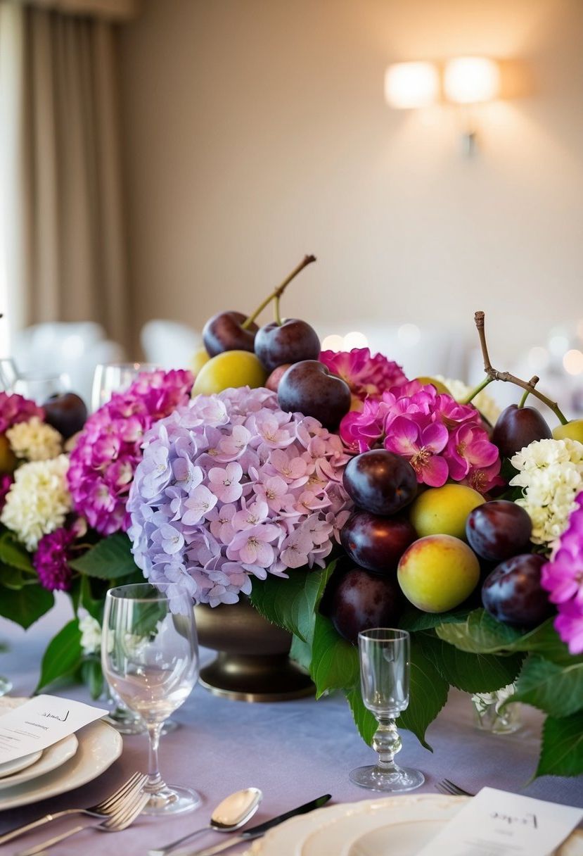 A table adorned with plums and hydrangeas, creating a vibrant and elegant wedding centerpiece