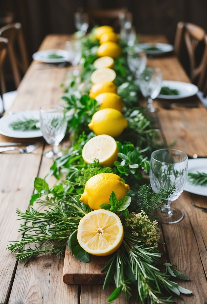 A rustic wooden table adorned with fresh lemons and herbs, creating a vibrant and fragrant wedding centerpiece