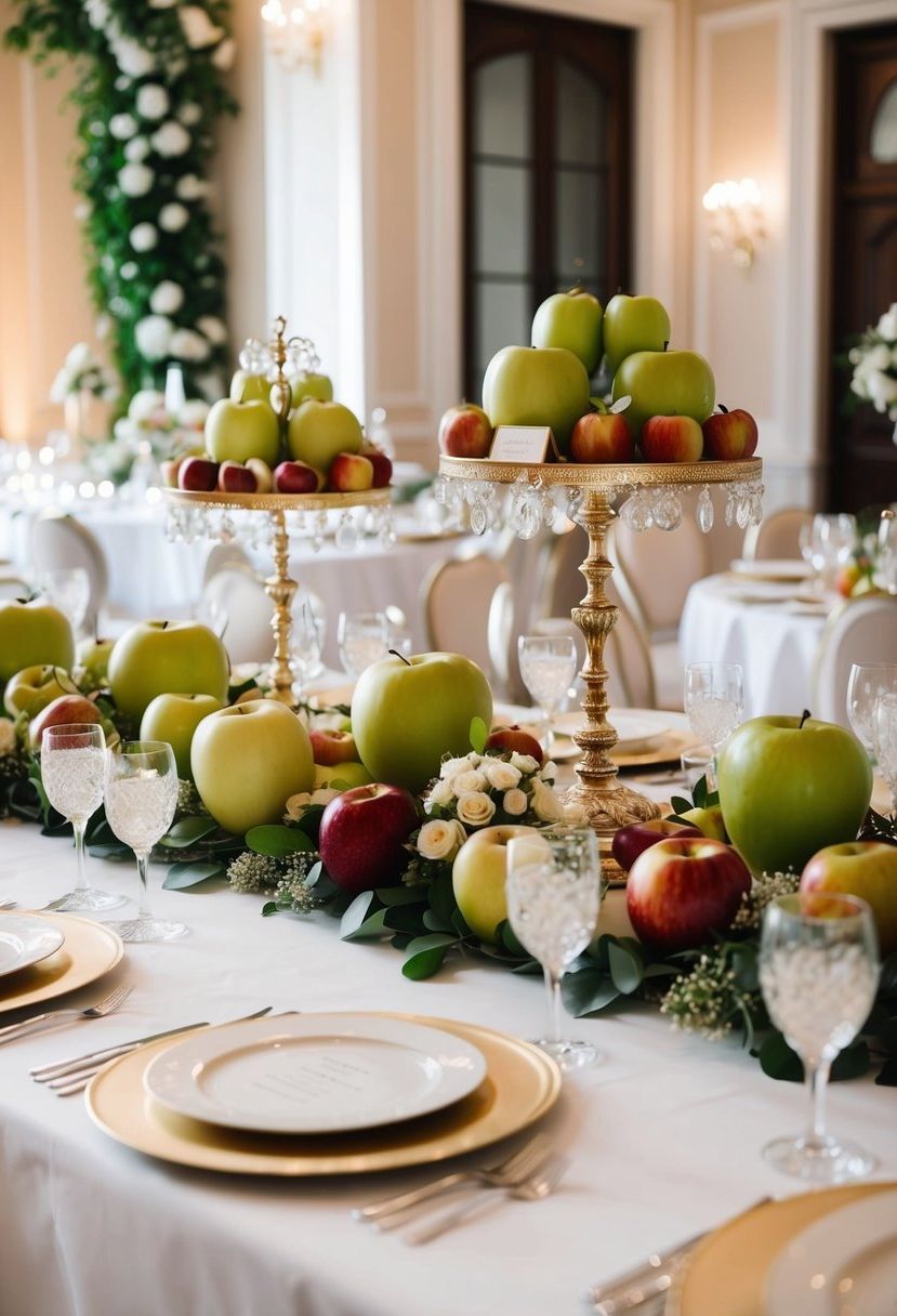 A lavish wedding table adorned with elegant apple displays and other fruits, creating a stunning and sophisticated centerpiece