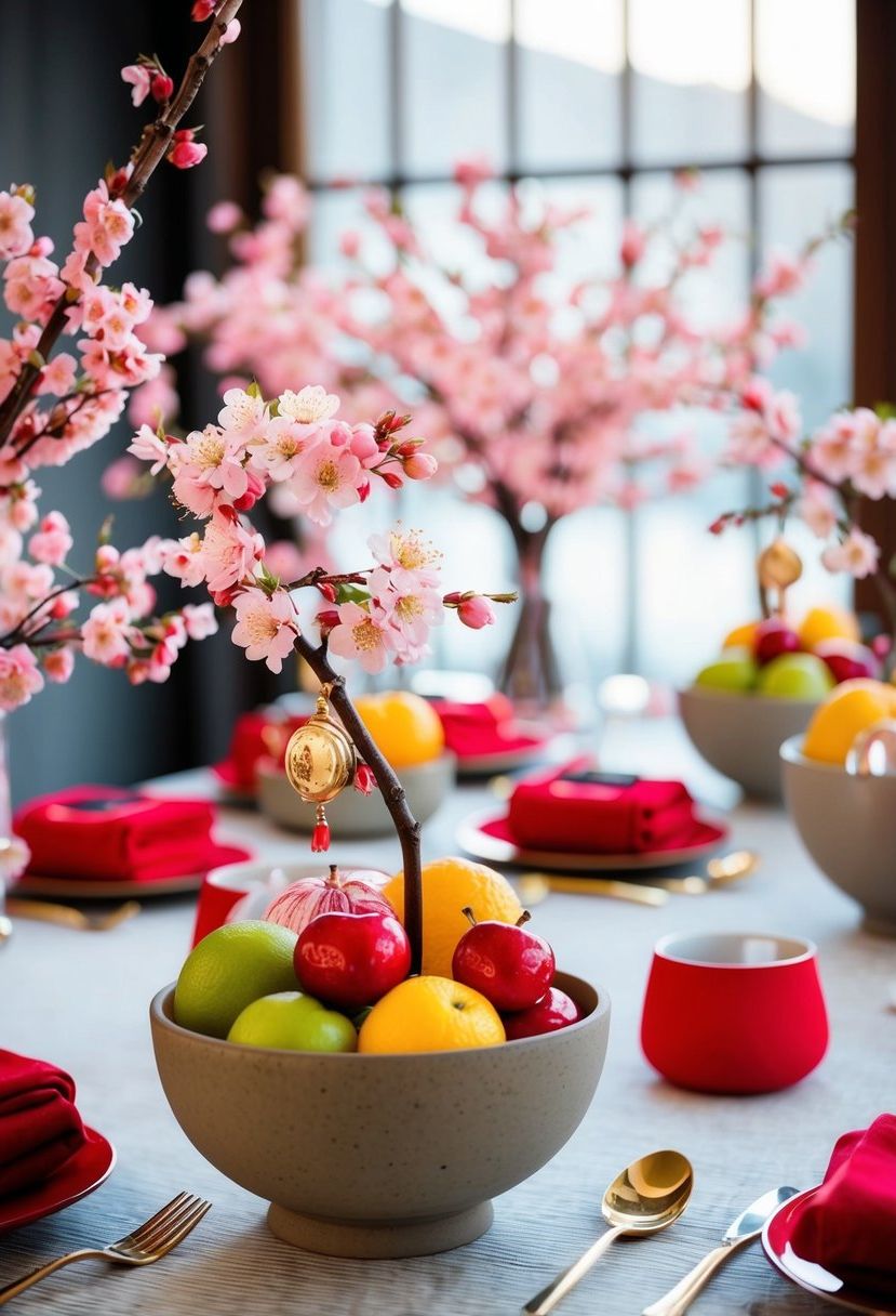 A table adorned with cherry blossom charm fruit decorations