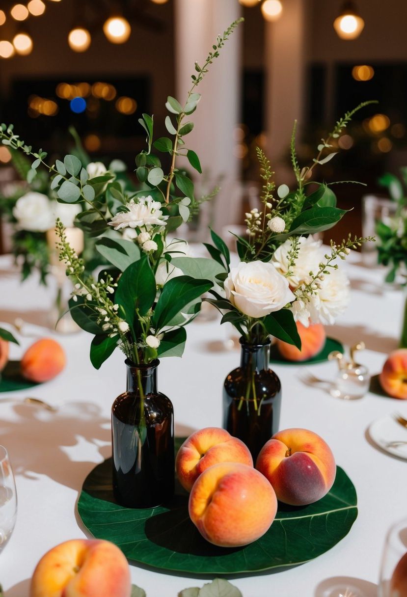 Peaches and greenery arranged in vases on a wedding reception table