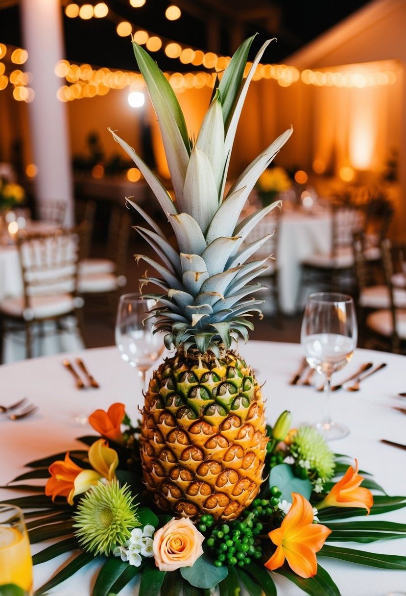 A colorful pineapple centerpiece surrounded by tropical flowers and greenery on a wedding reception table