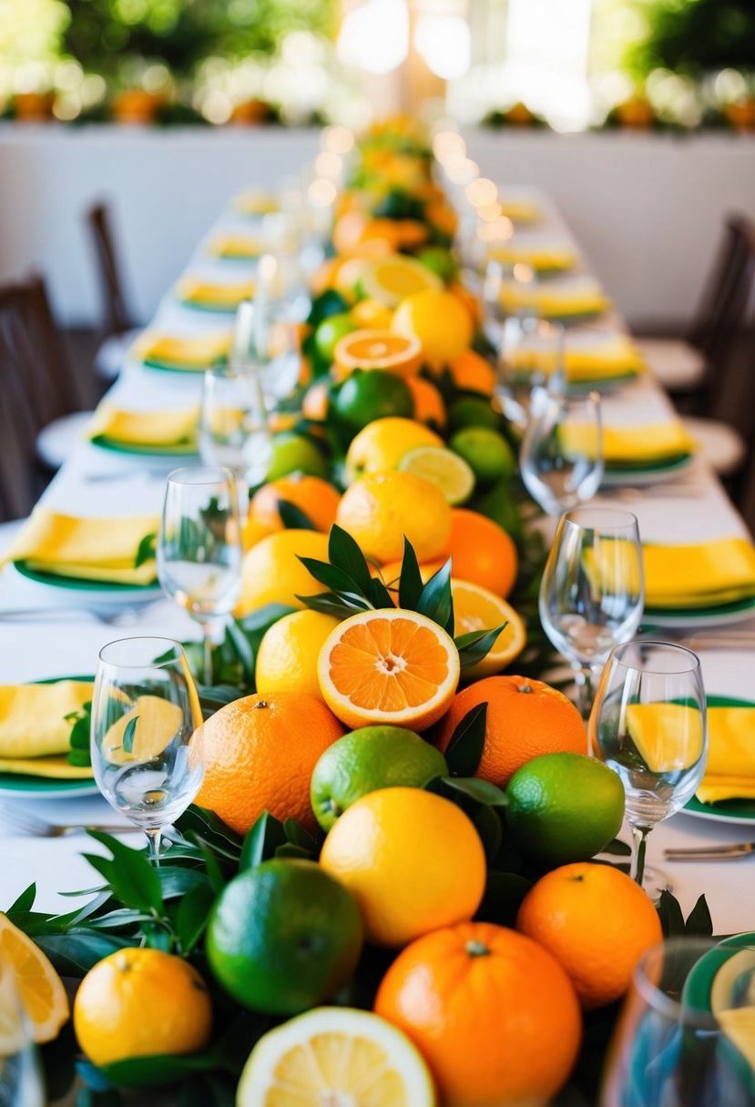 A table adorned with vibrant citrus centerpieces, featuring oranges, lemons, and limes, creating a colorful and fresh atmosphere for a wedding celebration