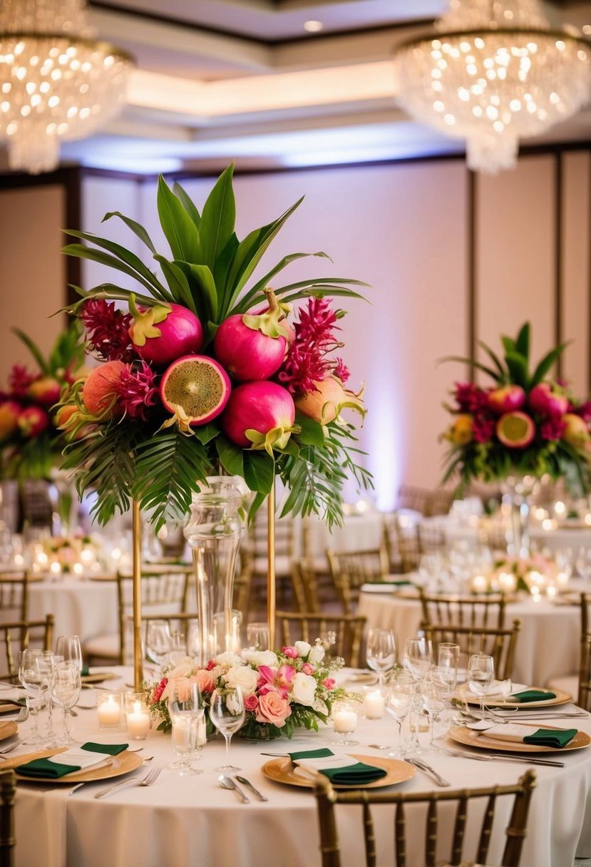 A lavish wedding table adorned with dragon fruit centerpieces and elegant floral arrangements