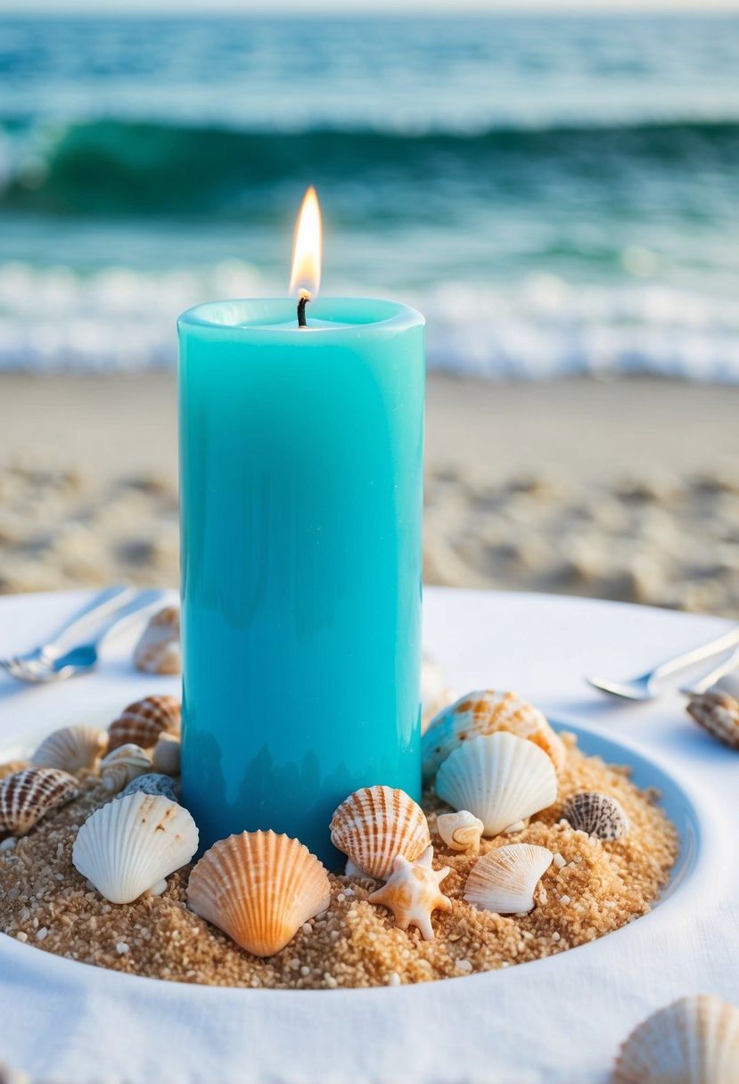 Aqua blue unity candle surrounded by seashells and sand, set on a beach wedding table with ocean waves in the background
