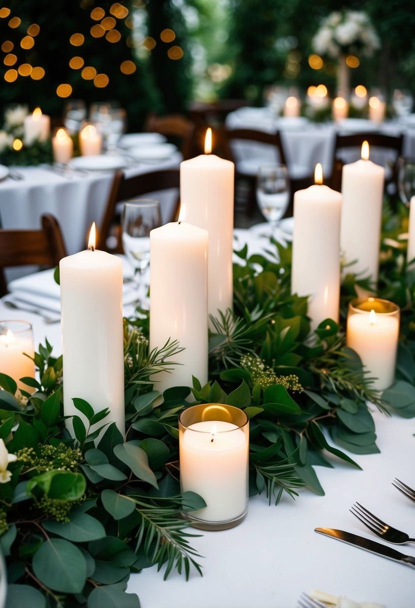 White pillar candles surrounded by lush greenery create an elegant wedding table centerpiece