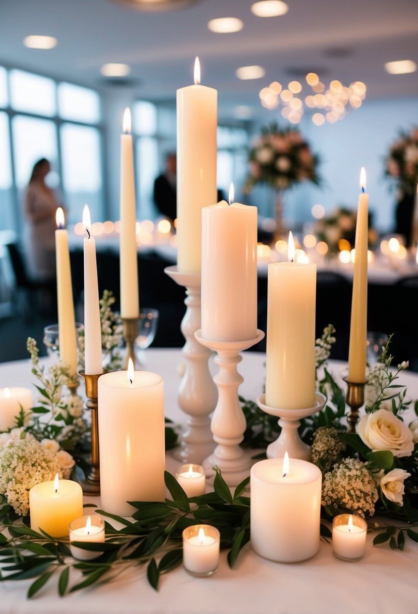 A white table adorned with candles of varying heights and sizes, surrounded by delicate floral arrangements and flickering tea lights