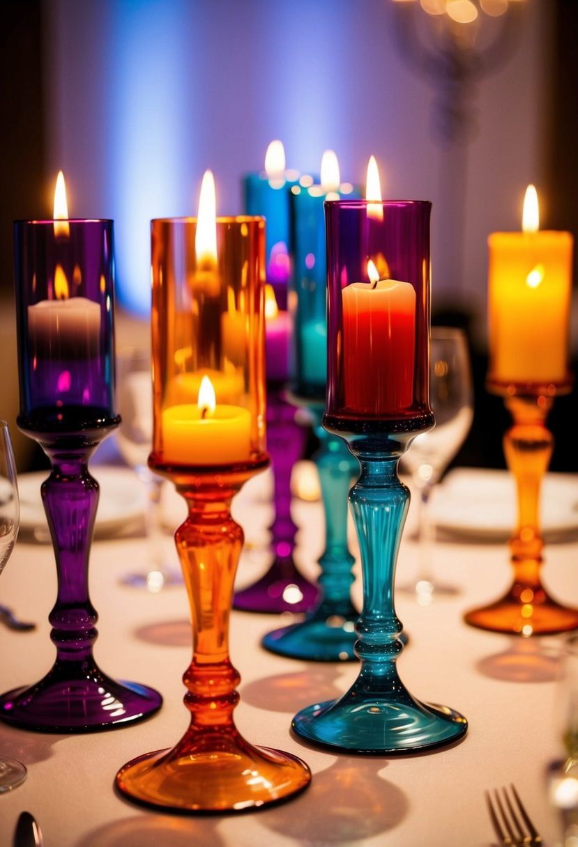 Vibrant, colored-glass taper holders arranged on a wedding table, casting a warm glow