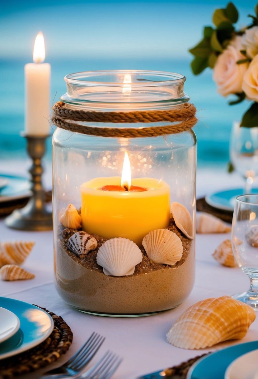 A beach-themed candle jar filled with sand, shells, and a flickering candle, set on a wedding table surrounded by ocean-inspired decor