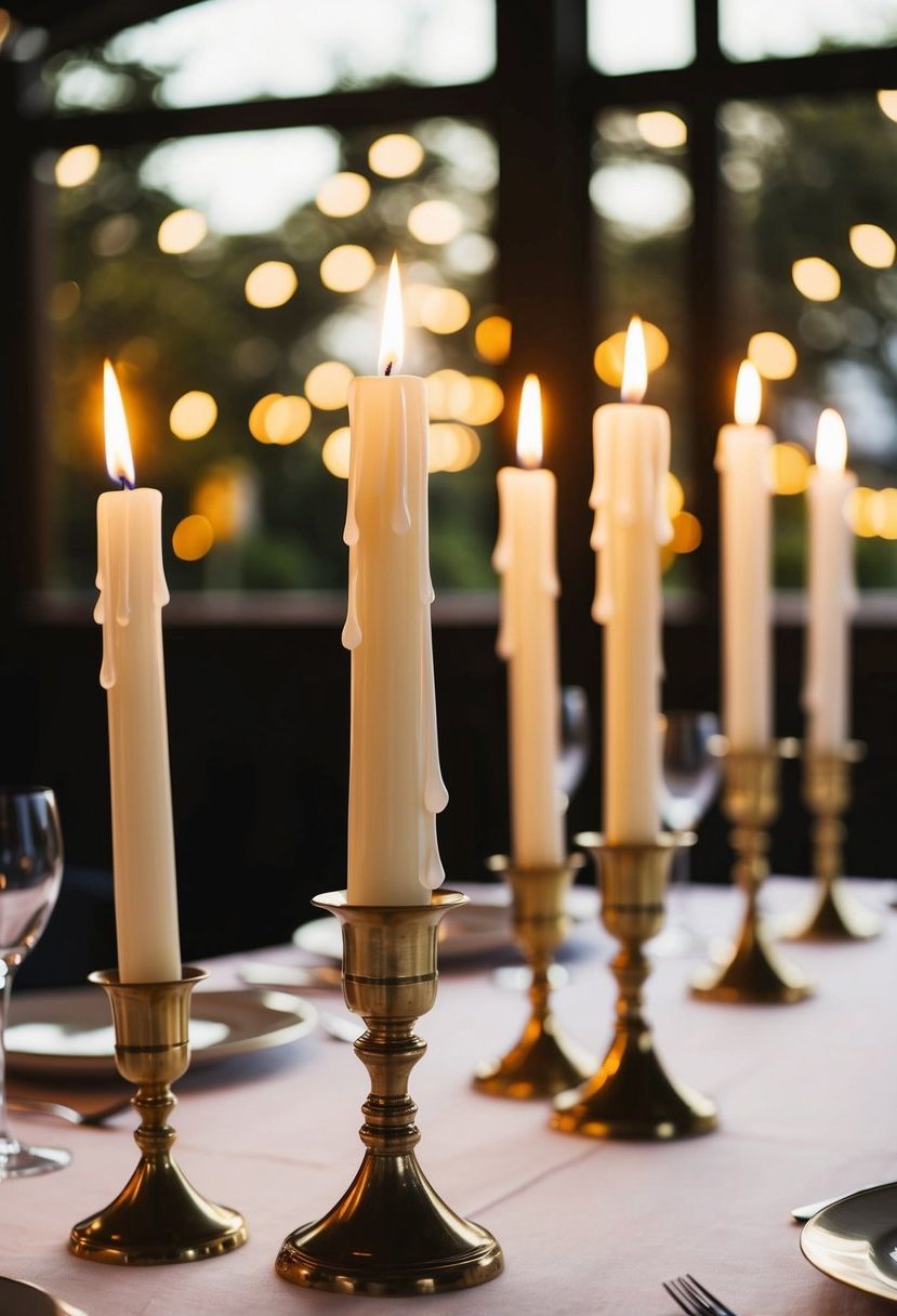 Dripping white tapers in brass holders illuminate a wedding table, casting a warm and romantic glow