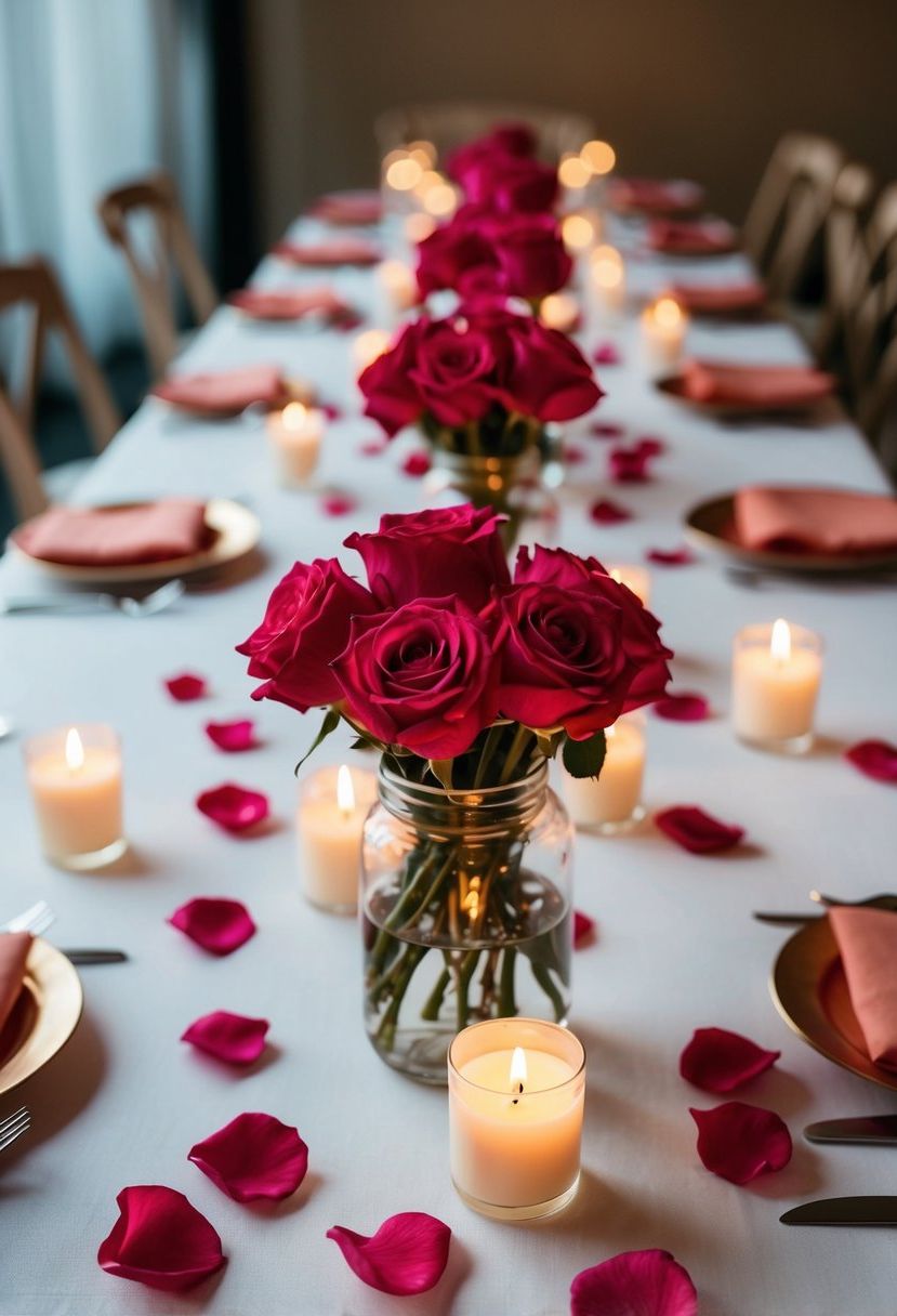 A table set with scattered rose petals and lit candles, creating a romantic wedding atmosphere
