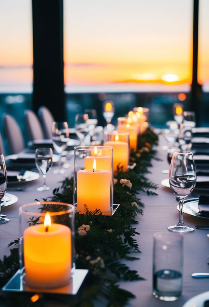 A modern floating candle display illuminates a wedding table, creating a serene and romantic ambiance