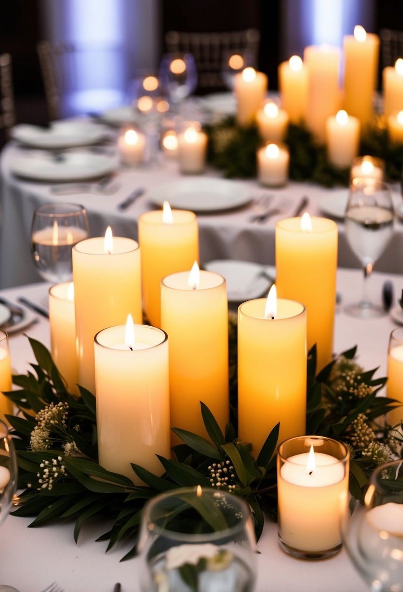 A cluster of large votive candles arranged in varying heights and sizes, creating an elegant and romantic centerpiece for a wedding table