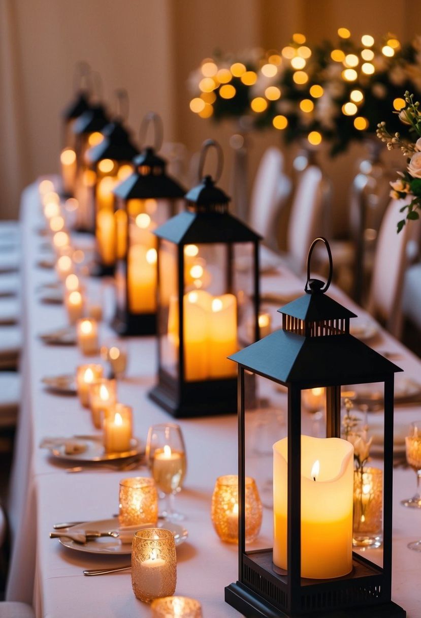 A row of candle-lit lanterns adorns the wedding aisle, casting a warm and romantic glow over the elegant table decorations