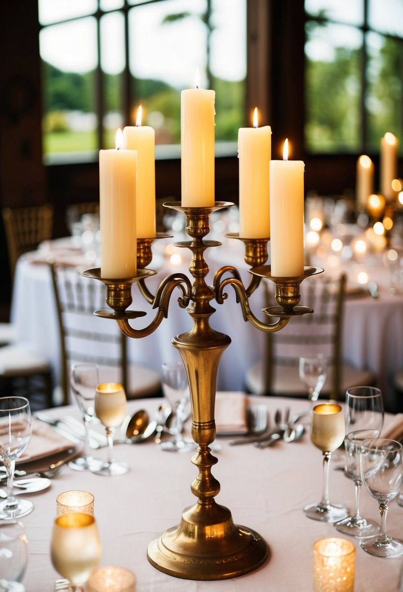 A vintage brass candelabra adorned with lit candles serves as a centerpiece on a beautifully set wedding table, adding a touch of elegance and romance to the decor