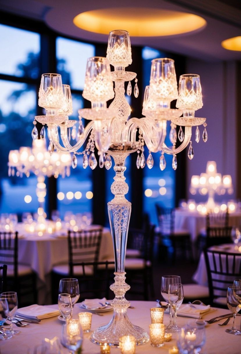 Glistening crystal candelabras illuminate a wedding table, casting a warm and romantic glow over the elegant decor