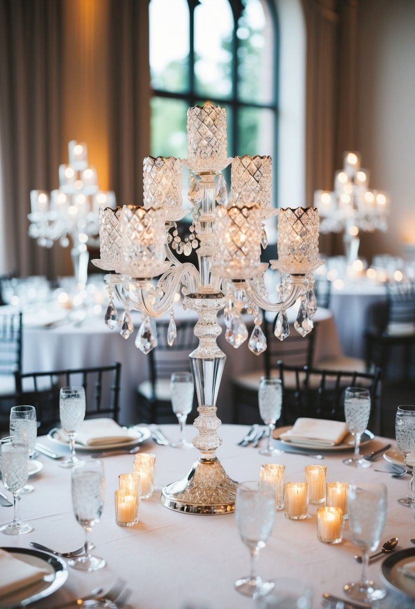 A sparkling crystal candlestick arrangement adorns a wedding table, radiating glamour and elegance