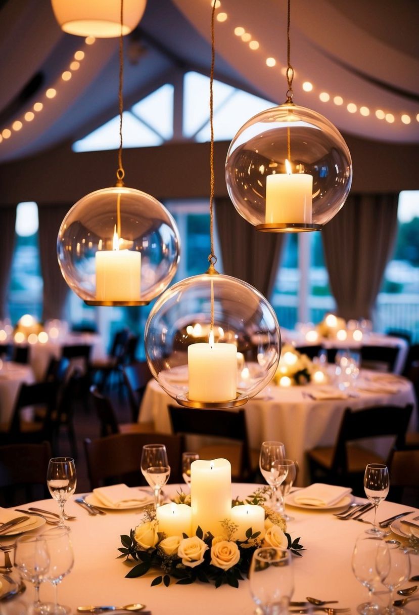 Three elegant hanging candle orbs suspended above a beautifully set wedding table, casting a warm and romantic glow