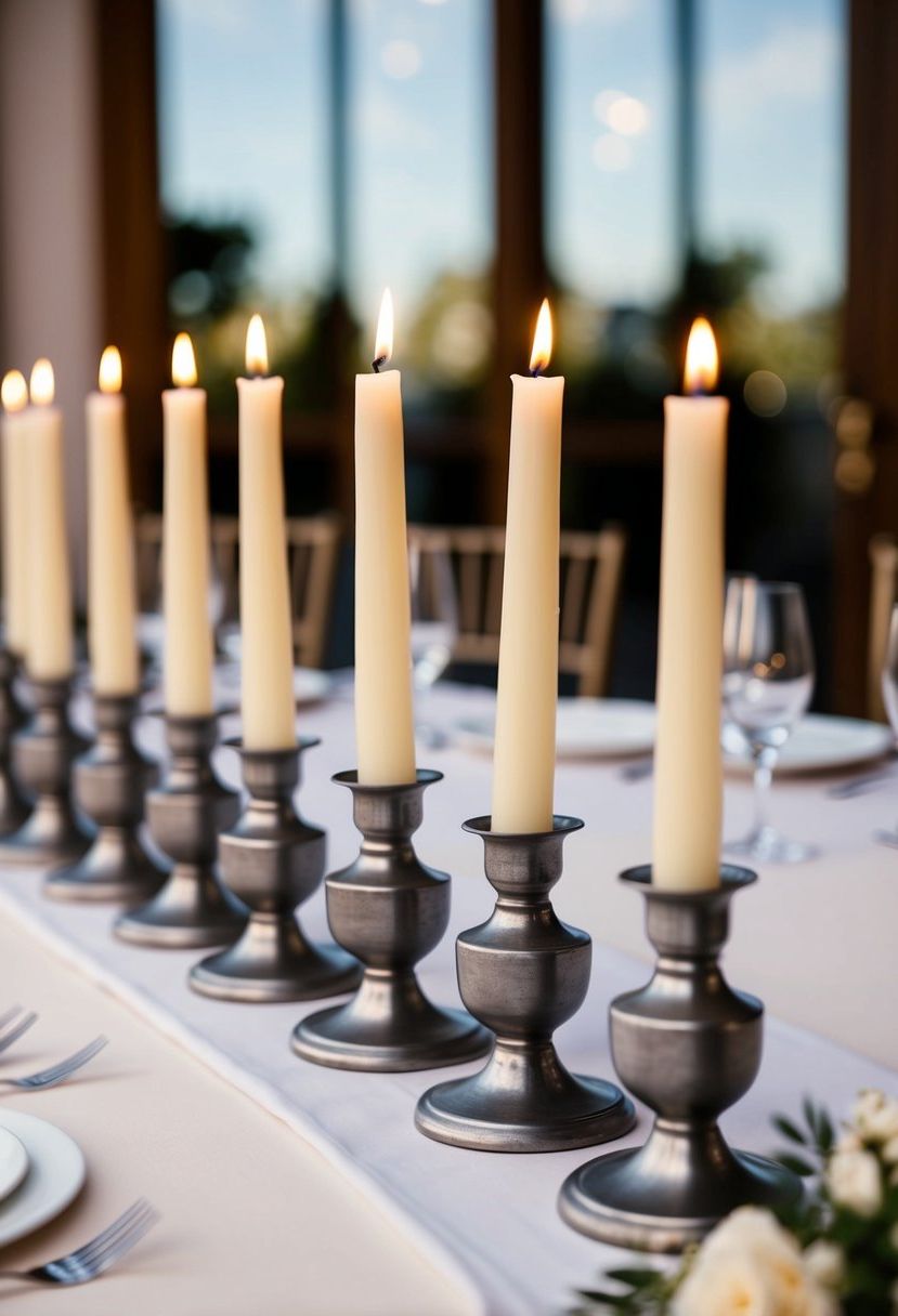 Tapered candles in pewter holders arranged in a symmetrical pattern on a wedding reception table