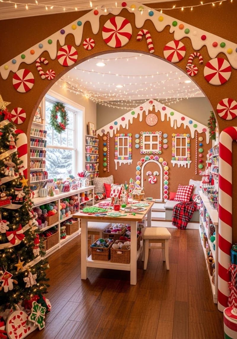 life-size cardboard gingerbread house archway for a magical craft room entrance 1