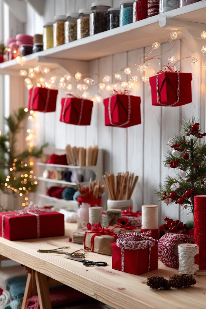 red mini gift boxes hanging on string lights for a whimsical wall accent 1