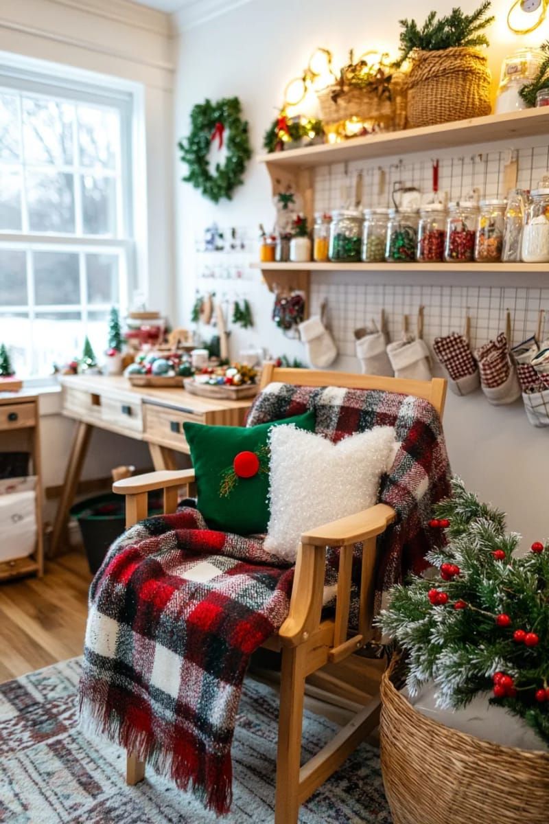 cozy plaid blanket draped over a craft chair with frosted pine branch accents 1