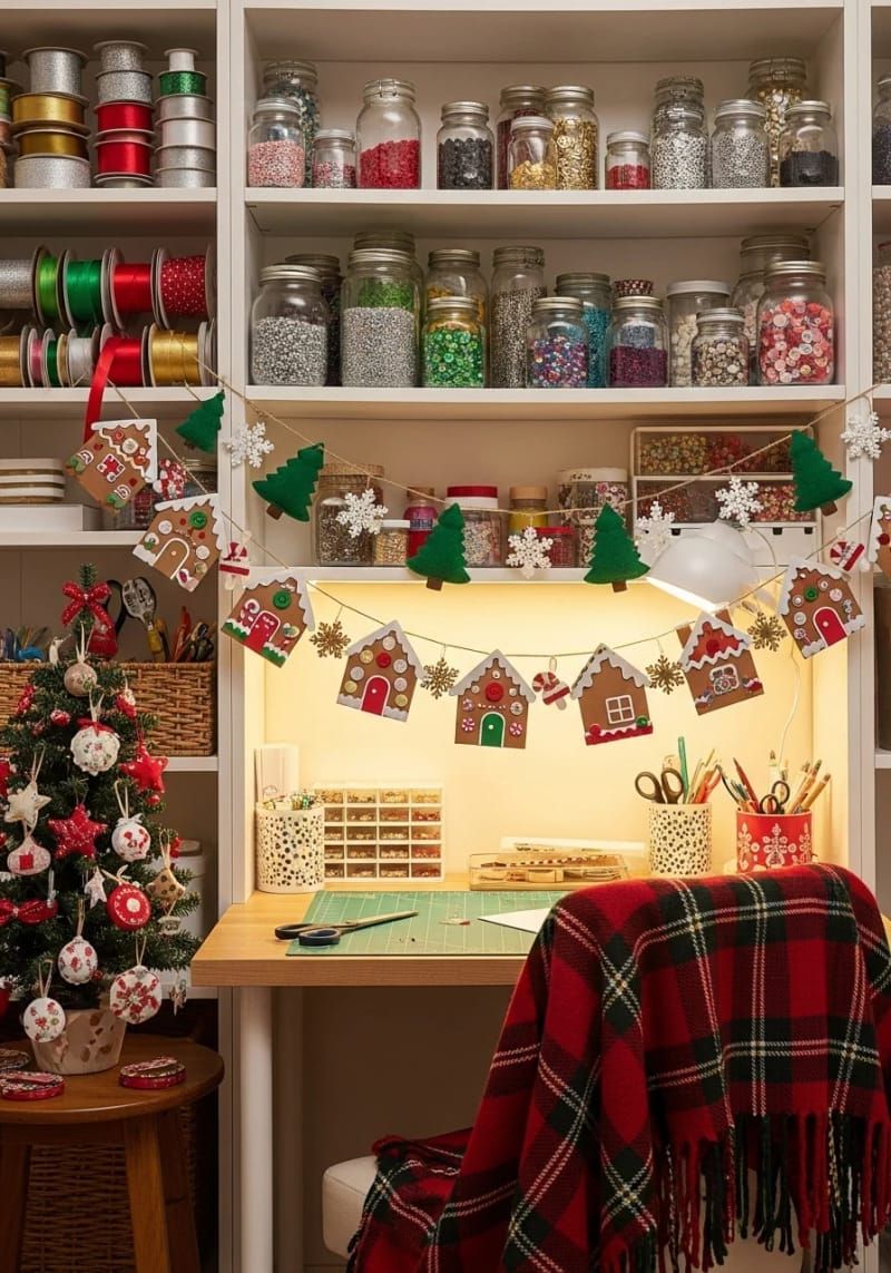 diy gingerbread house garland strung across shelving or above your desk 1