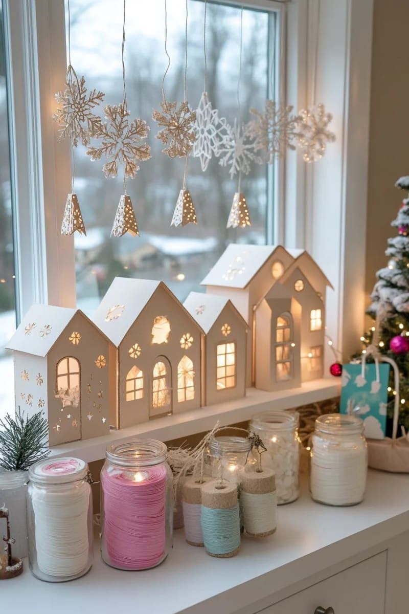 window display of glowing paper houses and snowflake cutouts 1