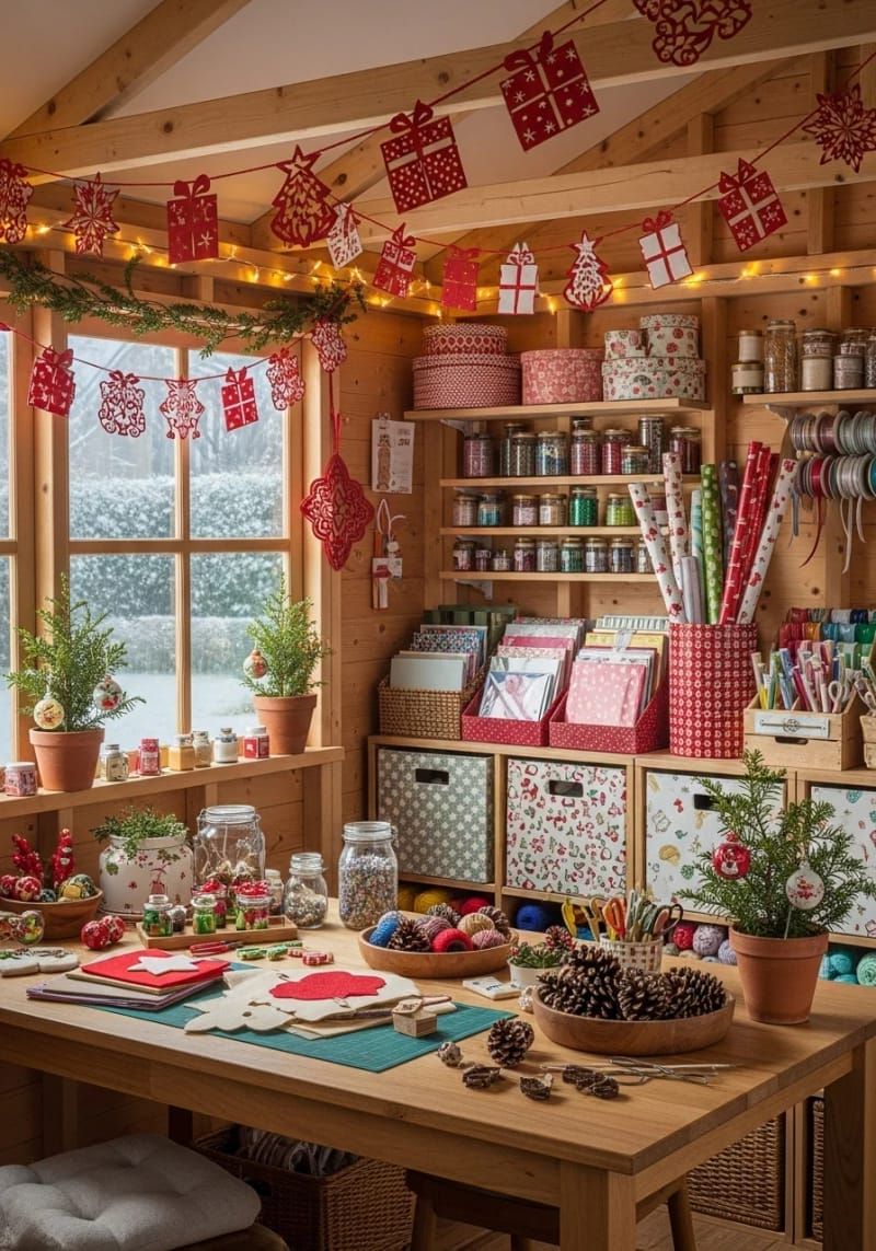 paper cutout garland with red stars, gifts, and christmas trees 1