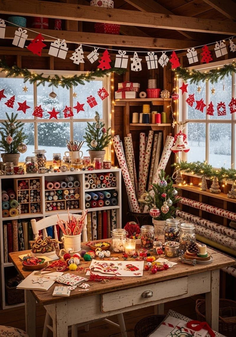 paper cutout garland with red stars, gifts, and christmas trees 1