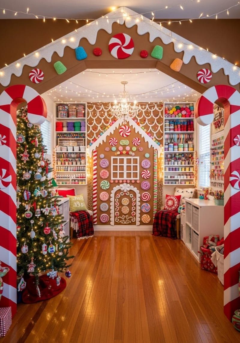 life-size cardboard gingerbread house archway for a magical craft room entrance 1