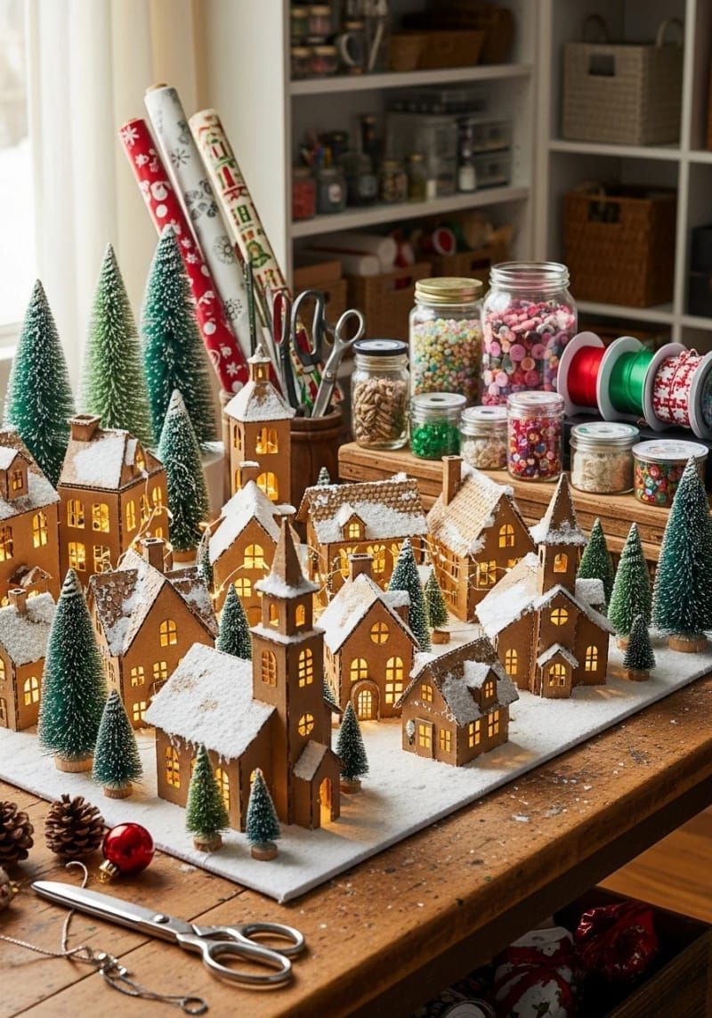illuminated cardboard christmas village display on your craft table or shelves 1