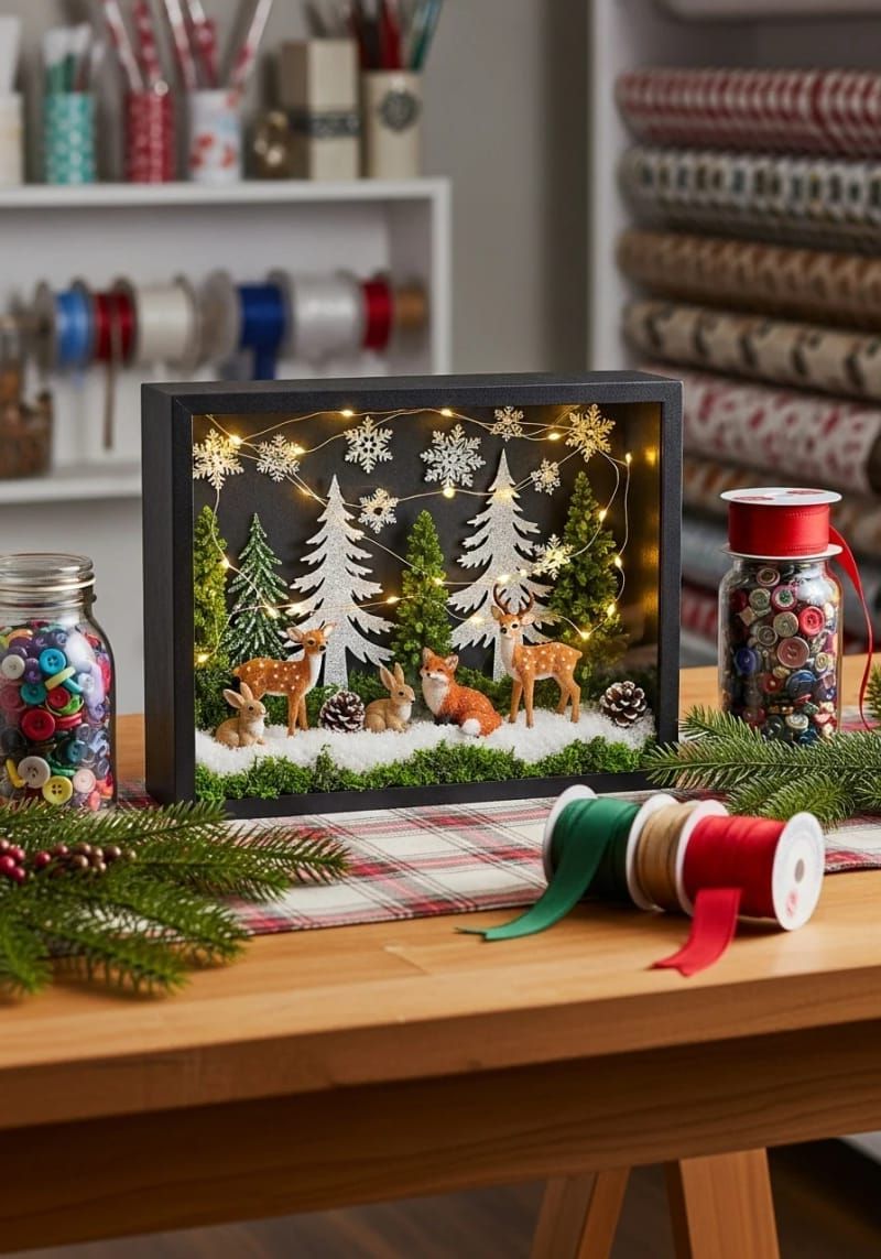 christmas shadow box with woodland creatures and twinkling fairy lights 1