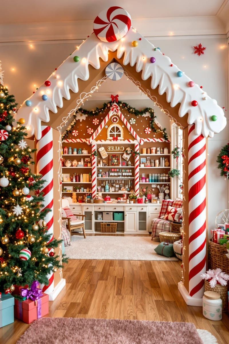 life-size cardboard gingerbread house archway for a magical craft room entrance 1