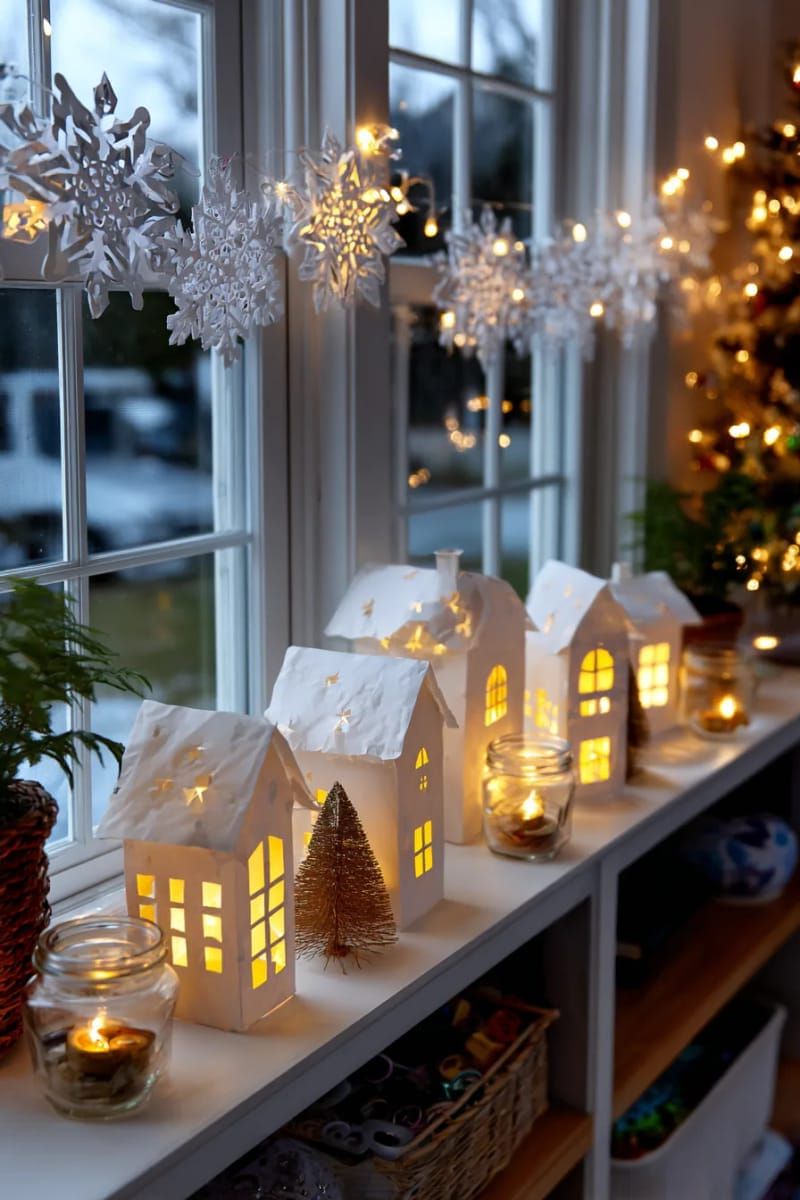 window display of glowing paper houses and snowflake cutouts 1