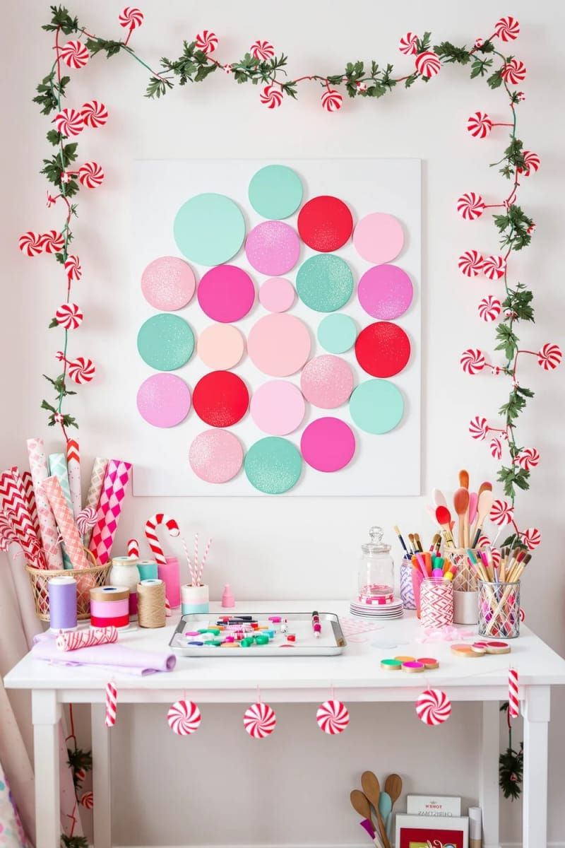 candy-themed round wall art using painted circles and glitter 1
