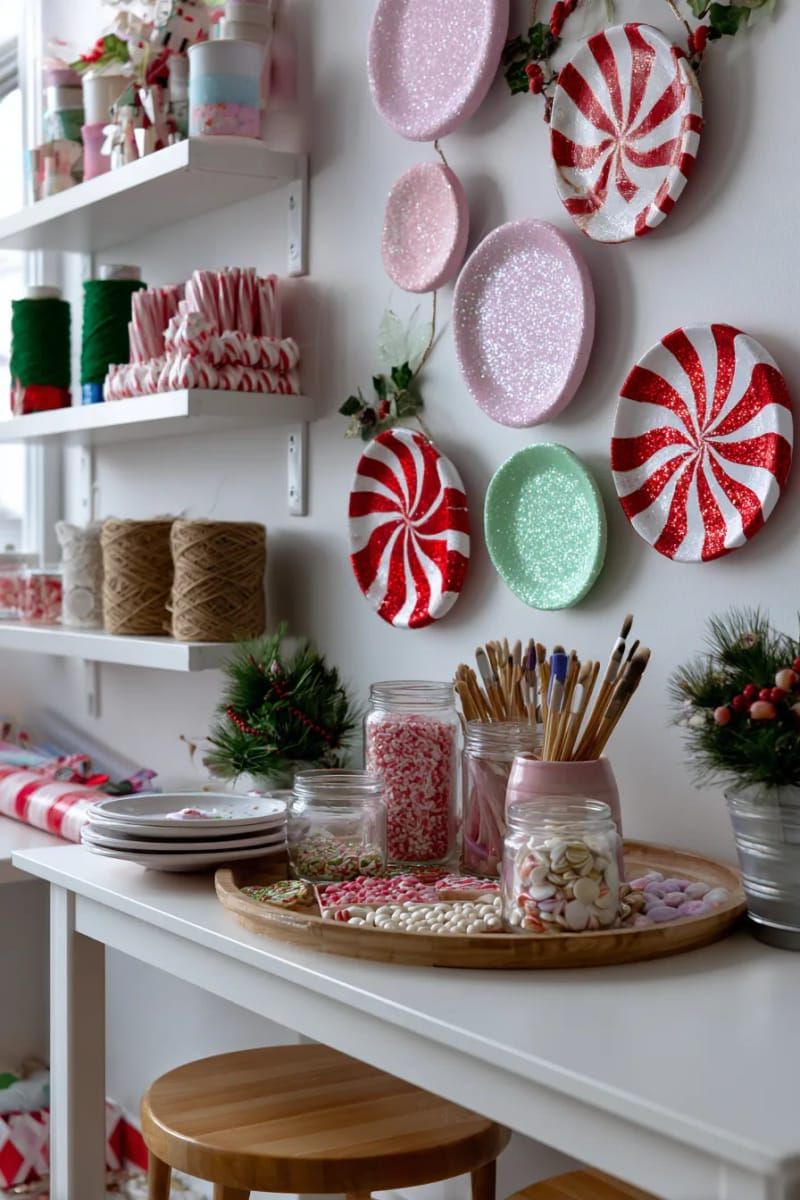 candy-themed round wall art using painted circles and glitter 1
