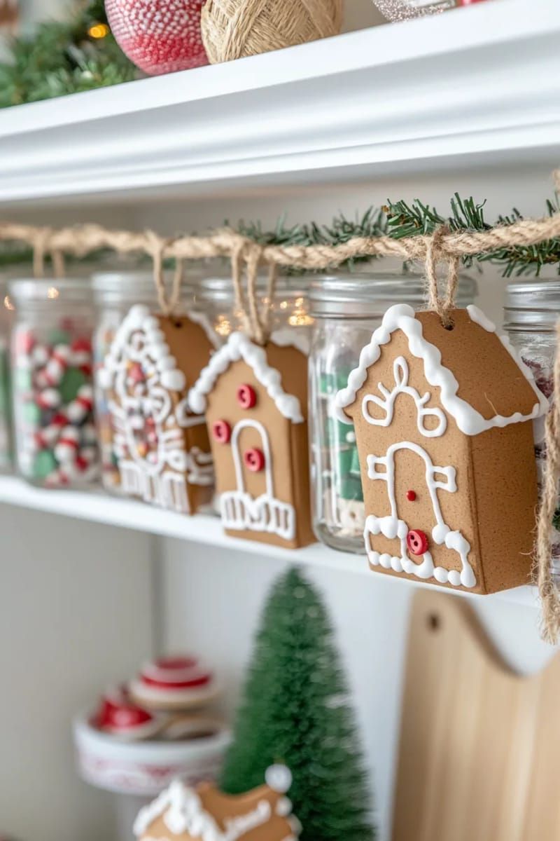 diy gingerbread house garland strung across shelving or above your desk 1