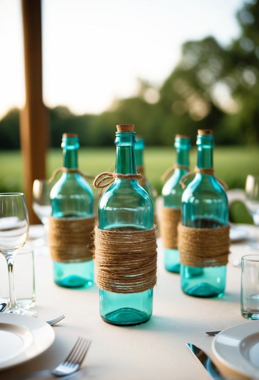 Twine-wrapped glass bottles arranged as wedding table centerpieces